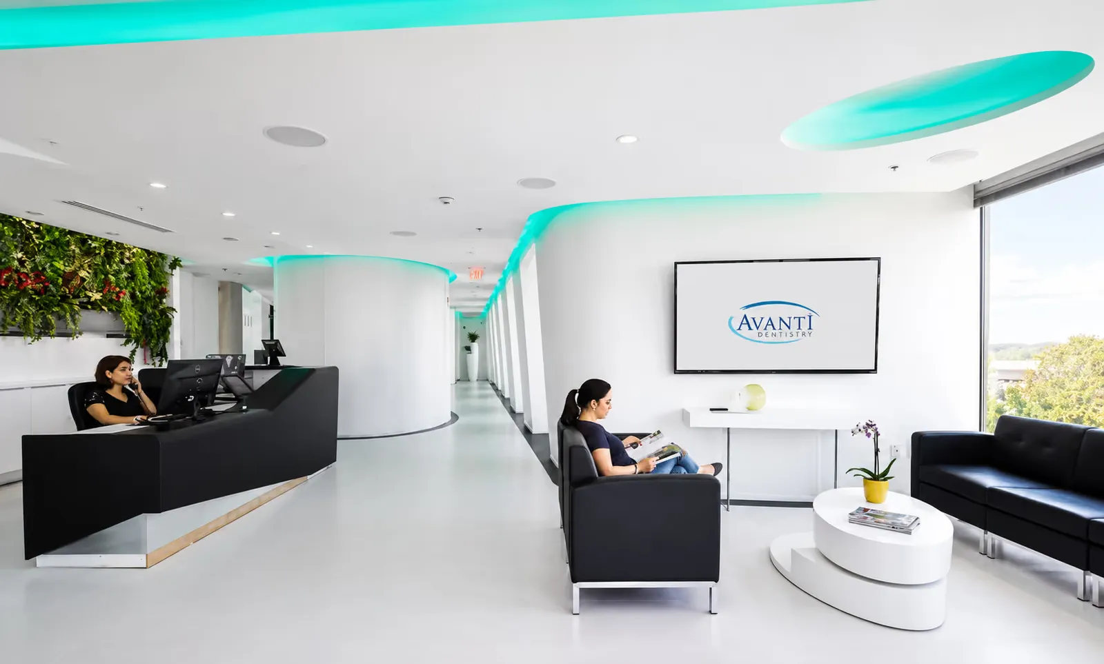 The bright reception and waiting lounge at Avanti Dentistry in Tysons